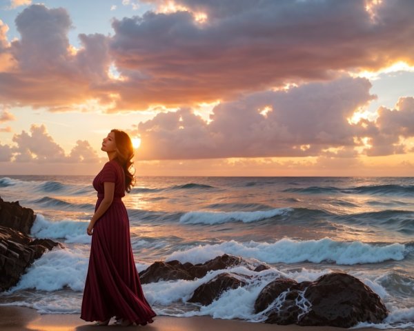 Woman in burgundy dress on beach at sunset