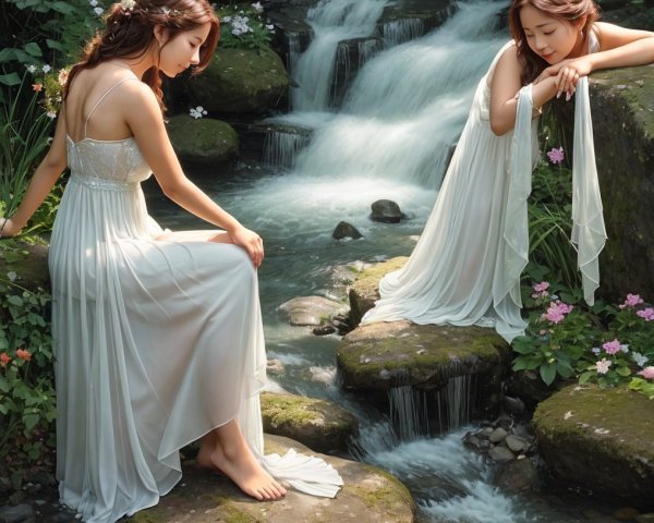 Women in White Dresses by a Stream in Nature