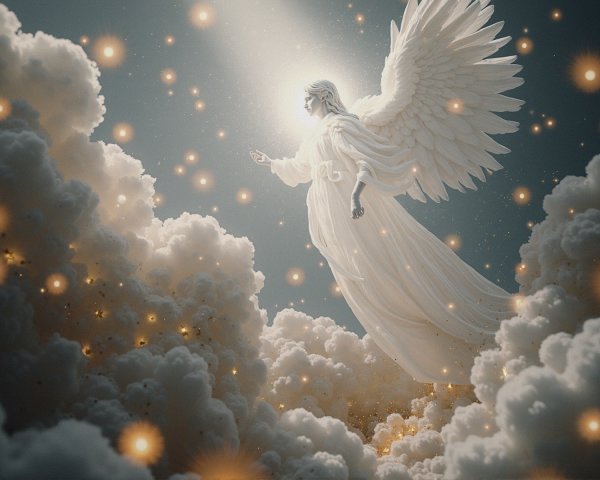 Ethereal angel in white gown among luminous clouds