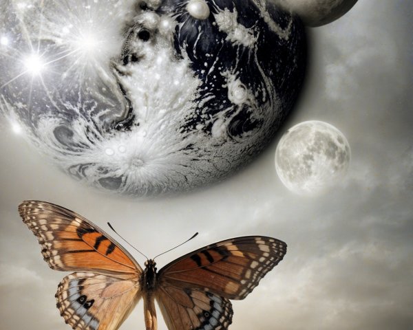 Surreal Landscape with Celestial Bodies and Butterfly