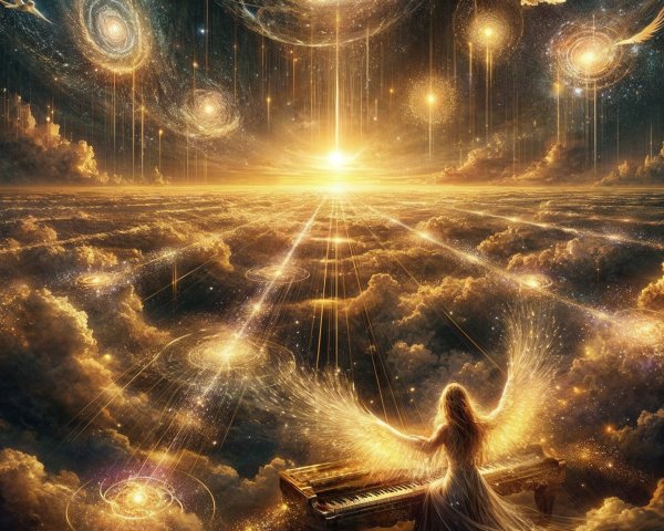 Celestial Scene with Angelic Figure and Grand Piano
