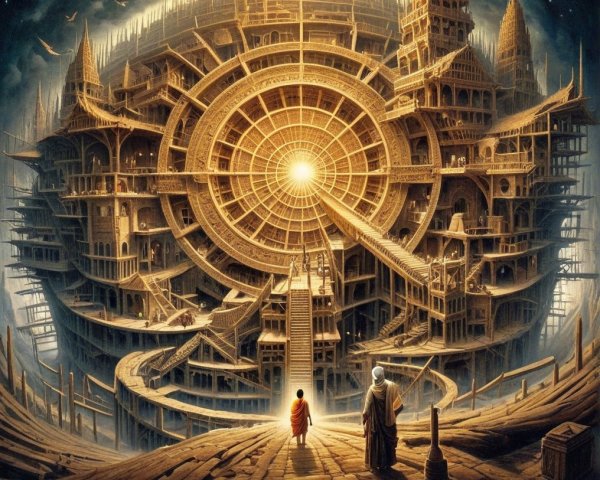 Intricate Spiral Architecture with Figures in Ethereal Light