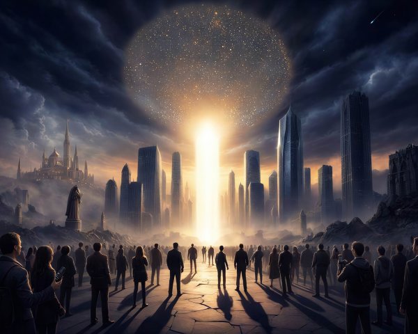 Digital Painting of Crowd Facing Ethereal Light Portal