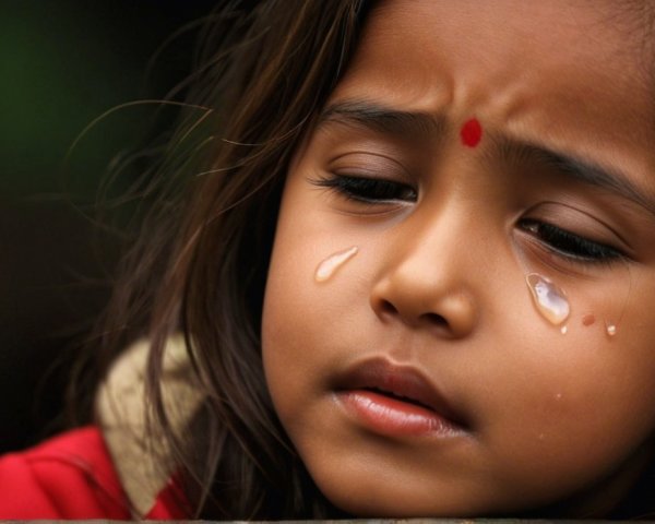 Young girl in red jacket displays sadness and vulnerability