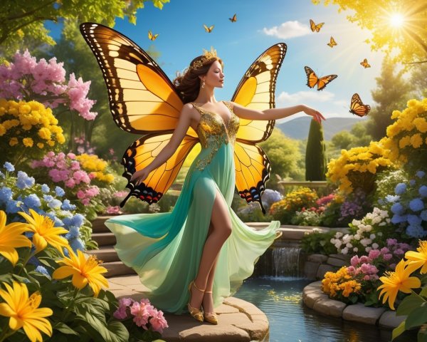 Woman in a garden with butterfly wings and flowers