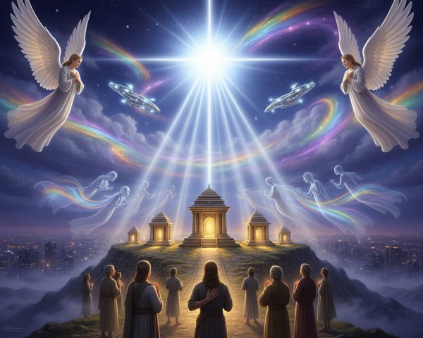Celestial Event with Angels and Futuristic UFOs