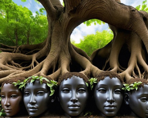 Surreal Scene of Mannequin Heads and Majestic Tree