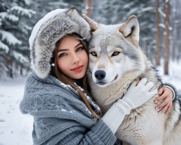 Winter Landscape with Woman and Wolf Embracing