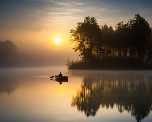 Dawn Reflection on a Misty Lake with a Rower