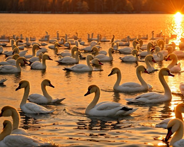 Swans Gliding on a Serene Sunset Lake Scene