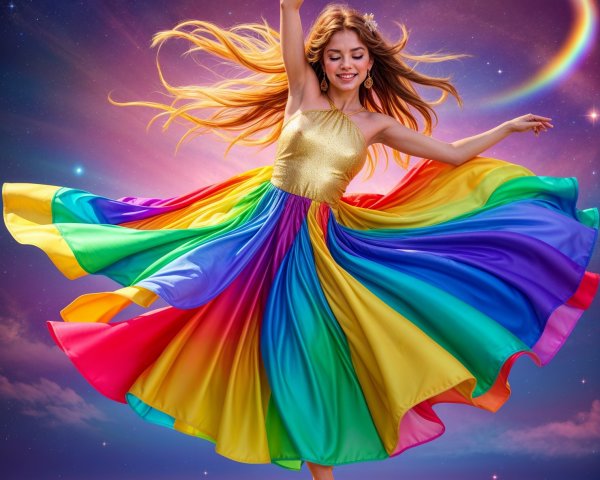 Joyful woman dancing in a colorful rainbow dress