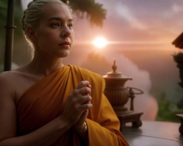 Contemplative Figure in Orange Robe at Sunset Scene