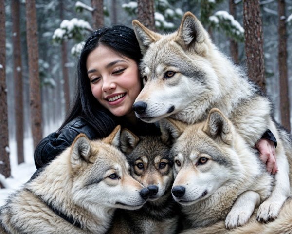 Woman Embracing Four Wolves in Snowy Forest