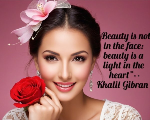 Radiant Woman with Flawless Makeup and Pink Flower