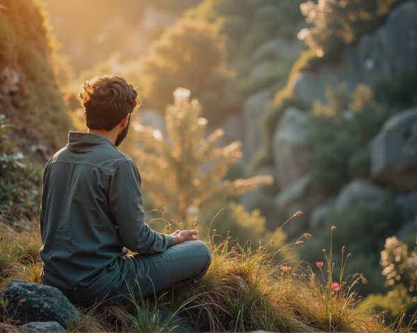 Man Meditating in Nature at Sunset on Grassy Hillside