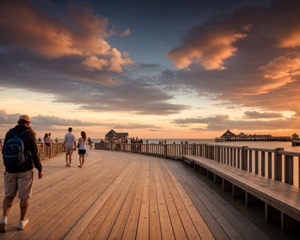 Wooden Boardwalk Along Shoreline at Sunset