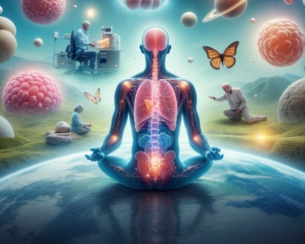 Surreal Landscape with Meditating Silhouette and Nature