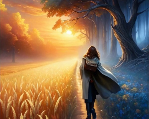 Solitary Figure on Winding Path in Golden Field