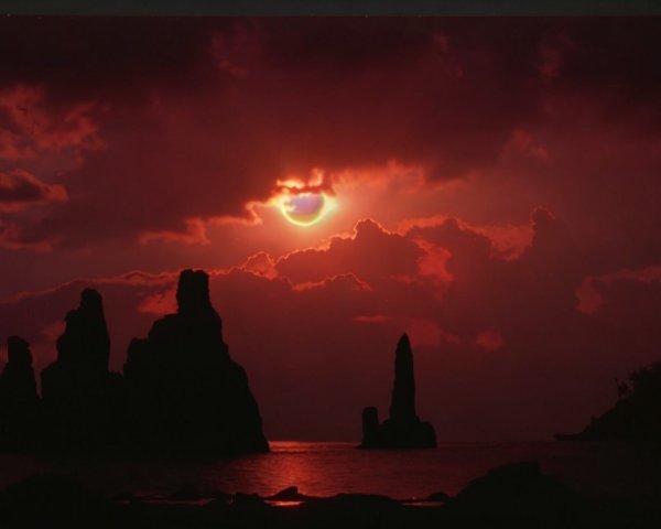 Dramatic Sunset Over Jagged Rock Formations and Sea