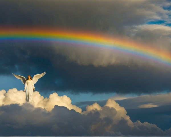 Radiant Angel on Clouds with Rainbow and Soft Light