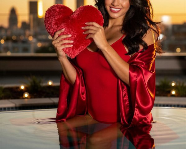 Woman in Red Outfit in Water with Cityscape Background