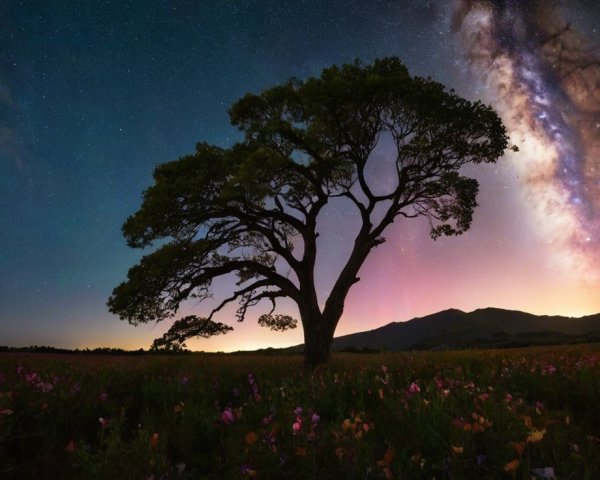 Solitary Tree Under Starry Sky with Wildflowers