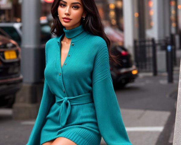 Elegant Woman in Teal Sweater Dress on City Street