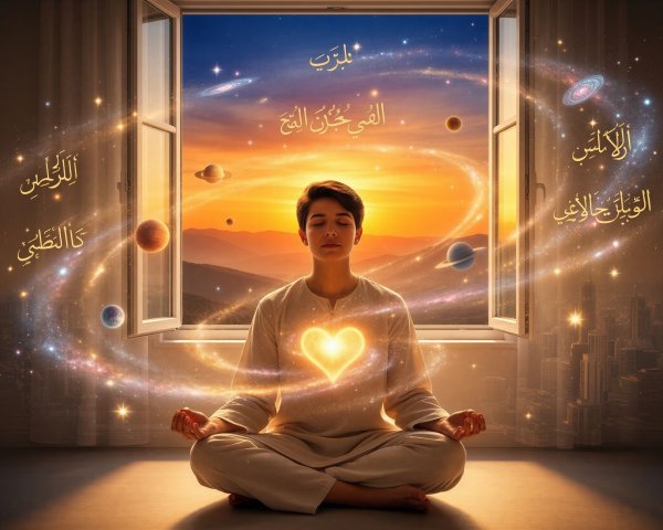Meditating Young Man with Cosmic Elements and Sunset