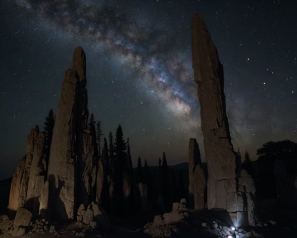 Night Sky Over Rock Formations with Milky Way Display