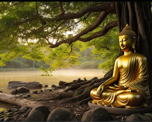 Golden Buddha Statue in Lush Greenery and Sunlight