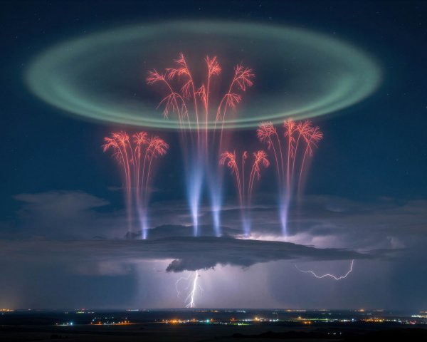 Dramatic Nighttime Scene with Aurora and Fireworks