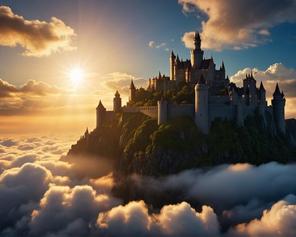 Majestic castle on a rocky hill with dramatic clouds