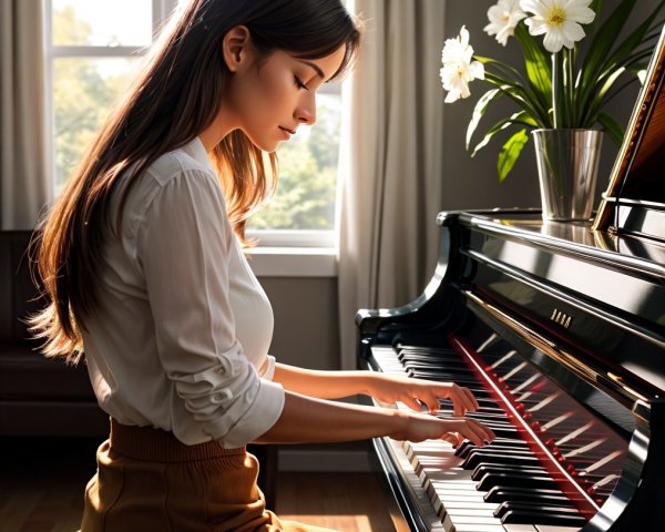 Young woman playing piano in a sunlit room