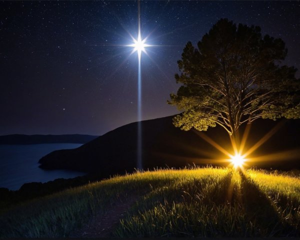 Serene Night Landscape with Illuminated Tree and Water