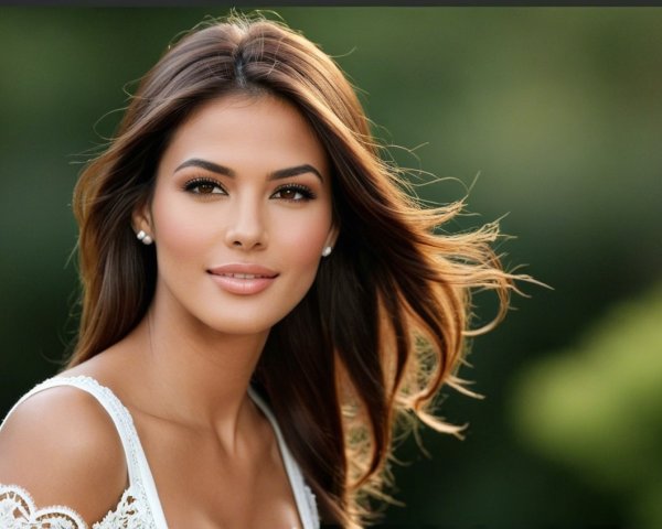 Young woman outdoors with flowing brown hair and soft features