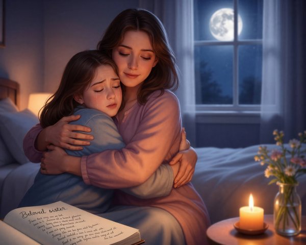 Mother and Daughter in Dimly Lit Bedroom Scene