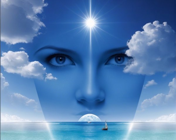 Surreal Landscape with Face in Sky and Ocean