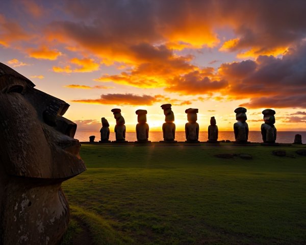 Moai Statues at Sunset on Easter Island Landscape