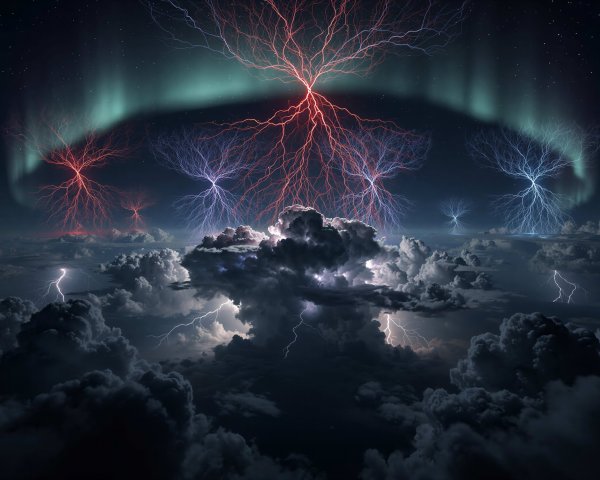 Majestic Night Sky with Aurora and Lightning Display