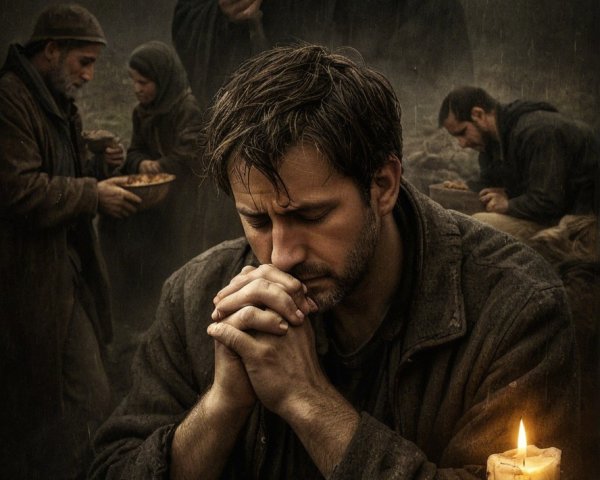 Dark Digital Painting of a Man Praying in Despair