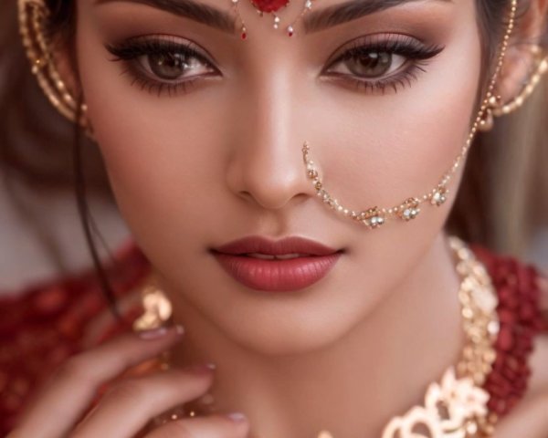 Close-Up Portrait of a Woman with Traditional Makeup