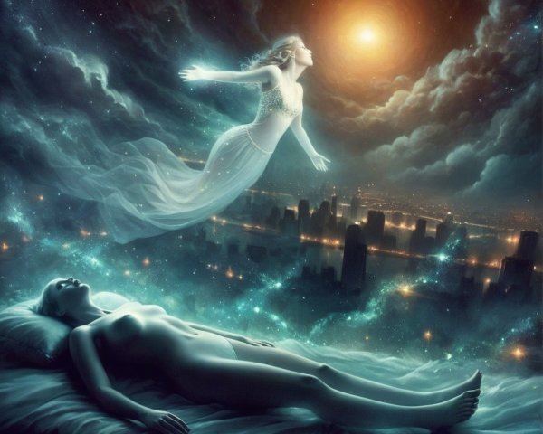 Surreal Scene of Woman Ascending into Starry Sky