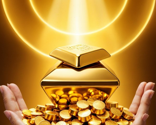 Hands Holding Gold Coins and Ingot with Golden Background