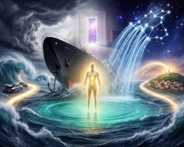 Surreal Painting of Spiritual Journey in Turquoise Ocean