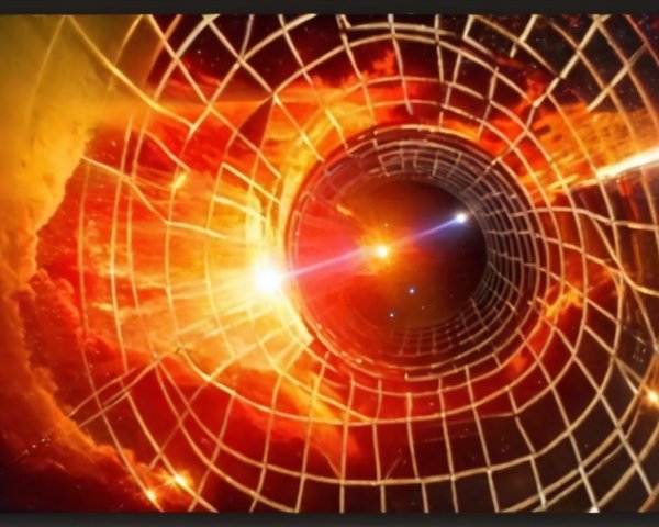 Vivid Cosmic Tunnel with Spiraling Grid and Stars