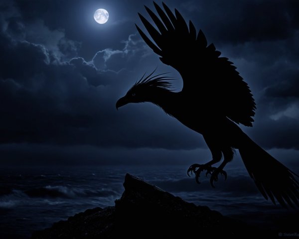 Large Bird Silhouette Against Night Sky and Ocean
