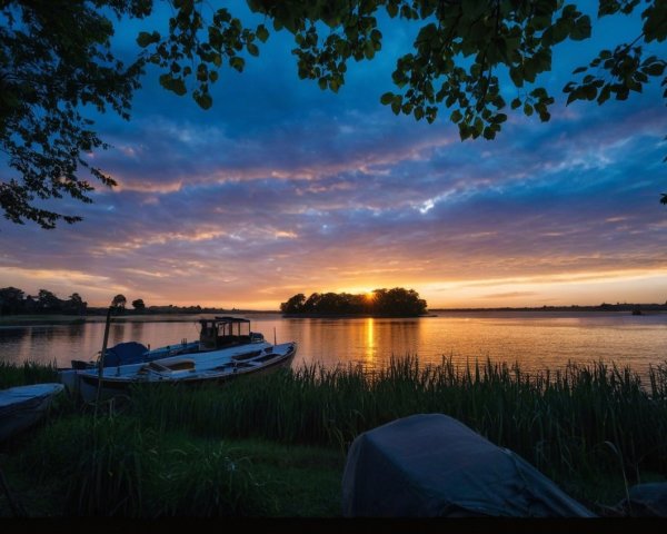 Serene Lakeside Sunset with Vibrant Reflections