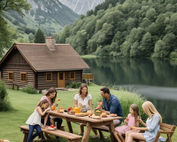 Family Picnic by a Scenic Lake Surrounded by Nature