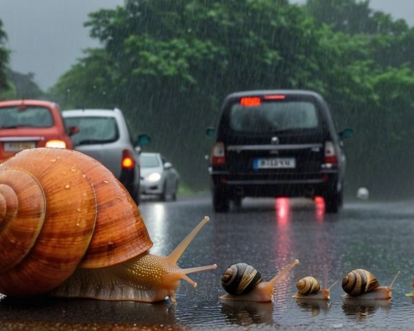 Snails Crossing a Rainy Urban Road Scene
