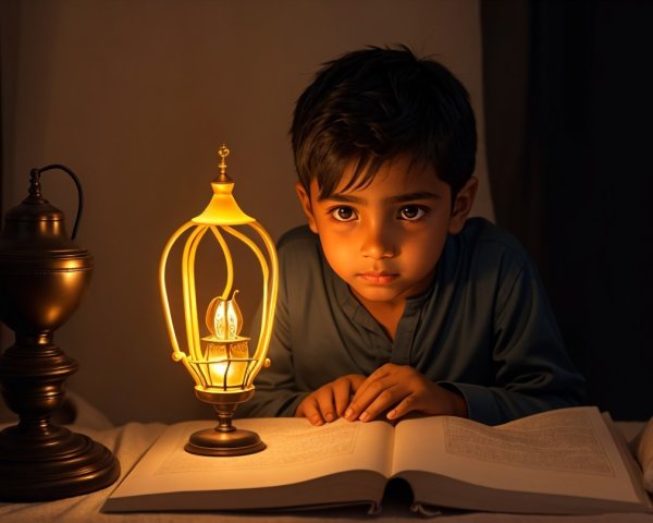Young boy reading an open book by lantern light